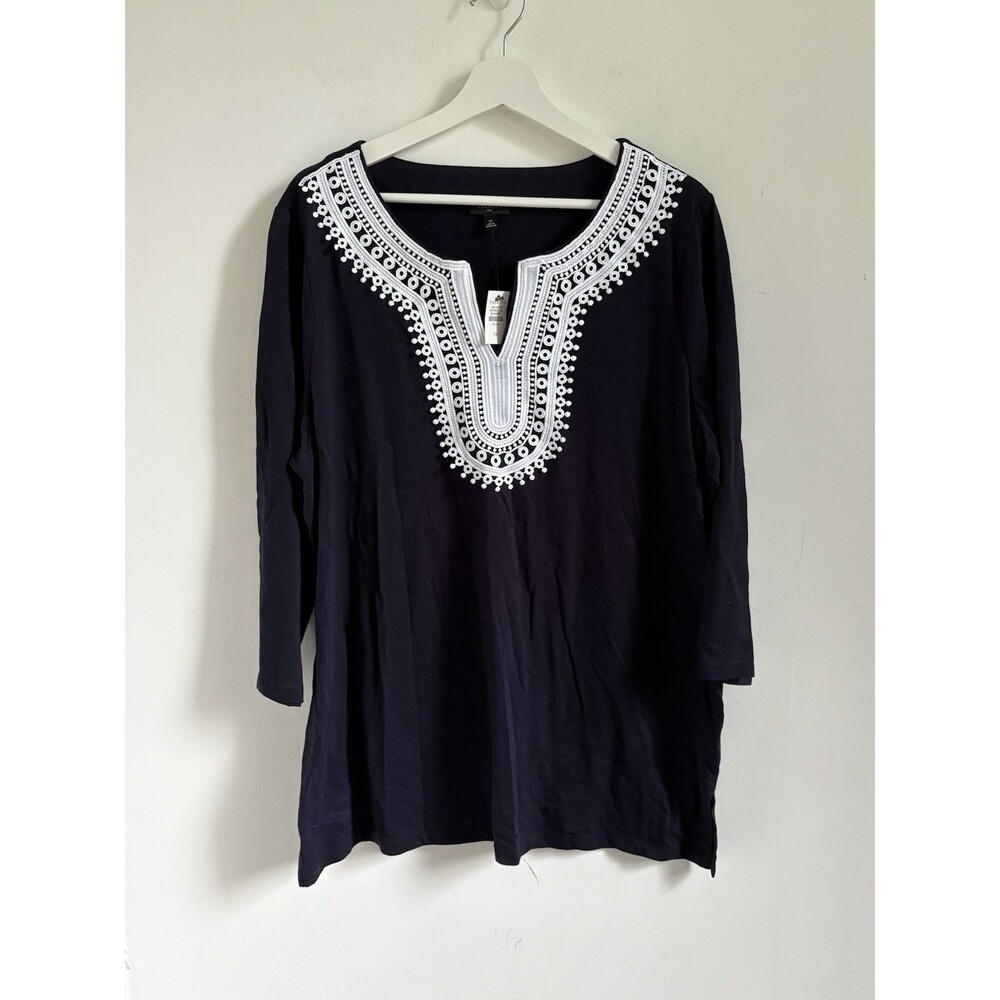 Talbots Stretch Knit Popover Size 1X Long Sleeve Lace embroidered Tunic Top NWT